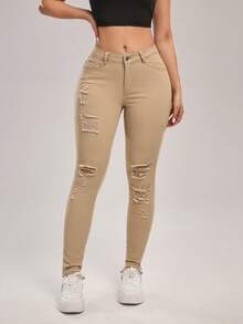 SHEIN Tall Women's Pocket Button Distressed Casual Versatile Daily Wear Denim Jeans - Apricot - View 3
