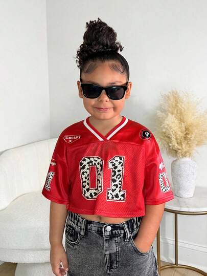 Young Girls' Cute Graphic V-Neck Short T-Shirt, Casual Fashionable Daily Wear