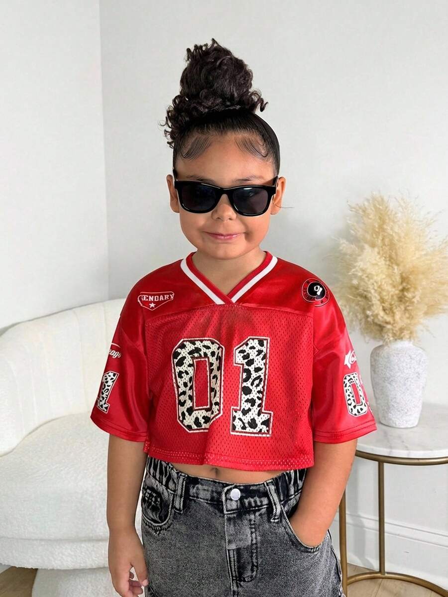 Young Girls' Cute Graphic V-Neck Short T-Shirt, Casual Fashionable Daily Wear - Red - View 1