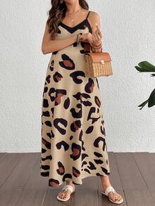 SHEIN Vestido casual de maternidad con estampado de leopardo, tirantes finos y cuello en V para el verano - Caqui - Ver 4