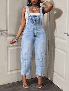 BamGleam Bộ jumpsuit denim nữ dáng suông, thiết kế cài nút, kiểu dáng thường ngày. - Rửa nhẹ - Xem 5