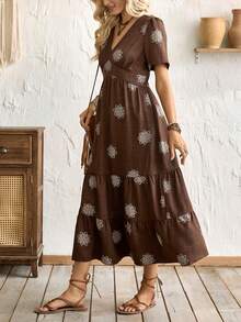 Florisole 优雅休闲百搭宽松V领短袖印花连衣裙，棕色，春夏款 - 棕色 - 查看 5