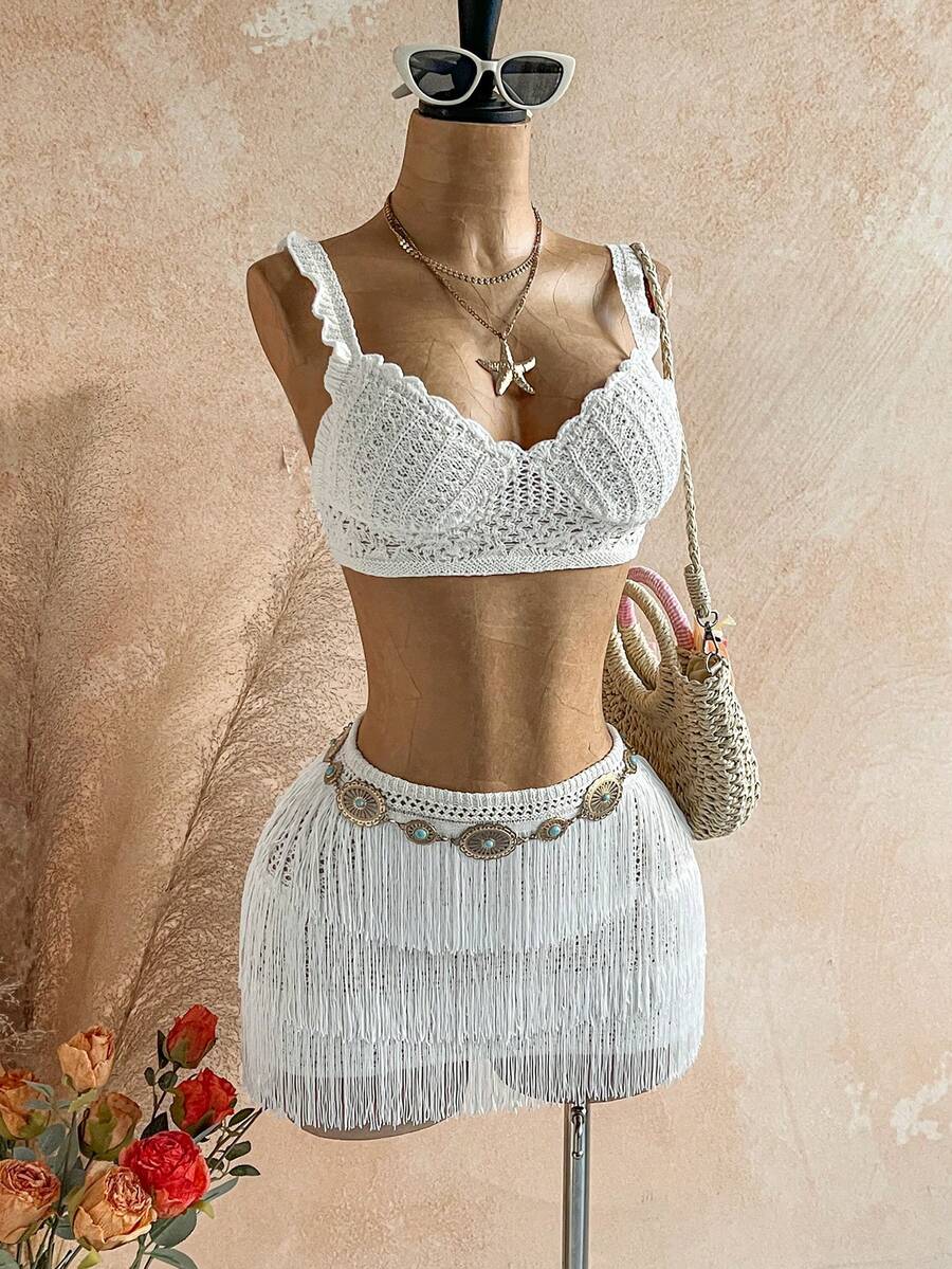 Soleia Women's Hollow Out Ribbed Knit Top And Fringed Knit Mini Skirt Set - White - View 1