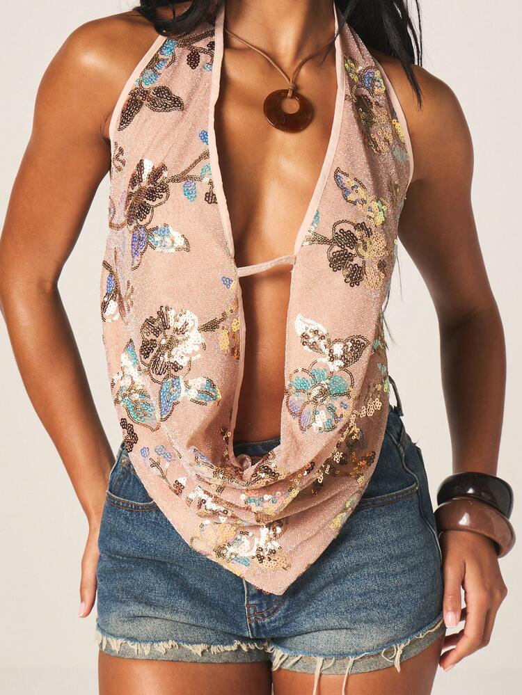 MISSGUIDED Canotta da donna con scollo alla halter, ricamata con paillettes, con schiena aperta e motivo floreale, adatta per occasioni serali estive e feste