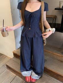 DAZY Women's Korean Style Ruffle Trim Denim Effect Shirt And Elongated Pants 2 Pieces Set - Blue - View 3