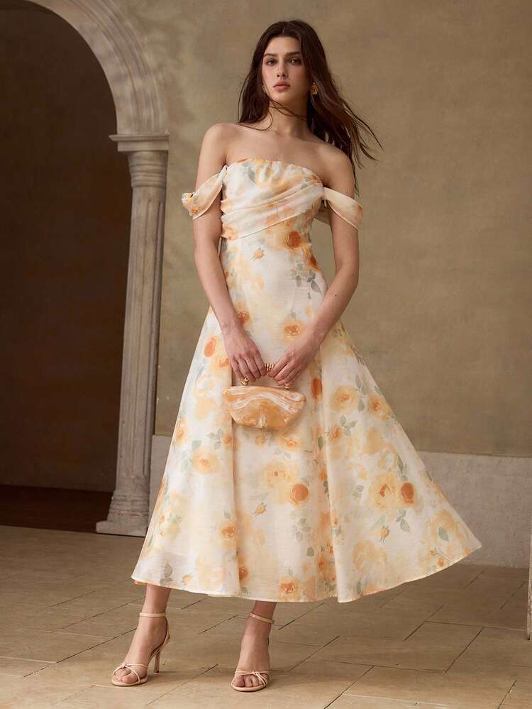 WOMEN'S FLORAL PRINT OFF SHOULDER WAIST-CINCHED LONG DRESS, SUMMER