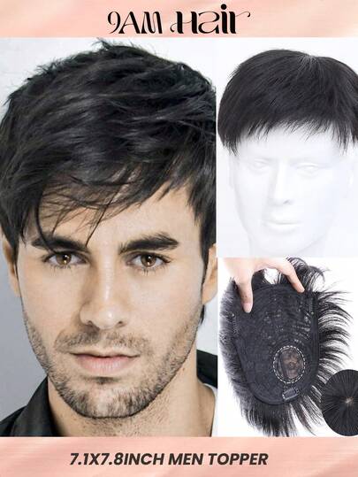 7.1x7.8Inch Men Topper Black Short Human Hair Men Toupee Covering Hair Loss Natural Look Hair System For Baldness & Thinning Hair Straight Hairpiece Hand Made Natural Style