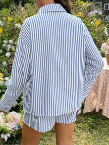 SHEIN 3pcs Maternity Striped Ruched Bandeau Top, Shorts And Long Sleeve Cardigan Set, Casual Daily Wear - Multicolor - View 4