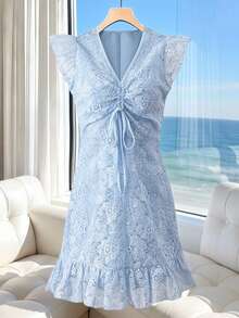 Franclia Lace Embroidered Cap Sleeve Vacation Dress - Blue - View 4