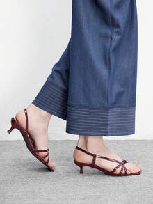 CUCCOO BIZCHIC 女士鞋履 春夏新款酒红色条纹露趾中跟凉鞋 简约时尚舒适 日常百搭通勤凉鞋 女士鞋履 - ~酒紅 - 查看 4