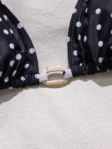 Swim Mod Summer Vacation Colorblock Polka Dot Print Tie-Dye Oval Accent Swimwear Top - Black and White - View 3