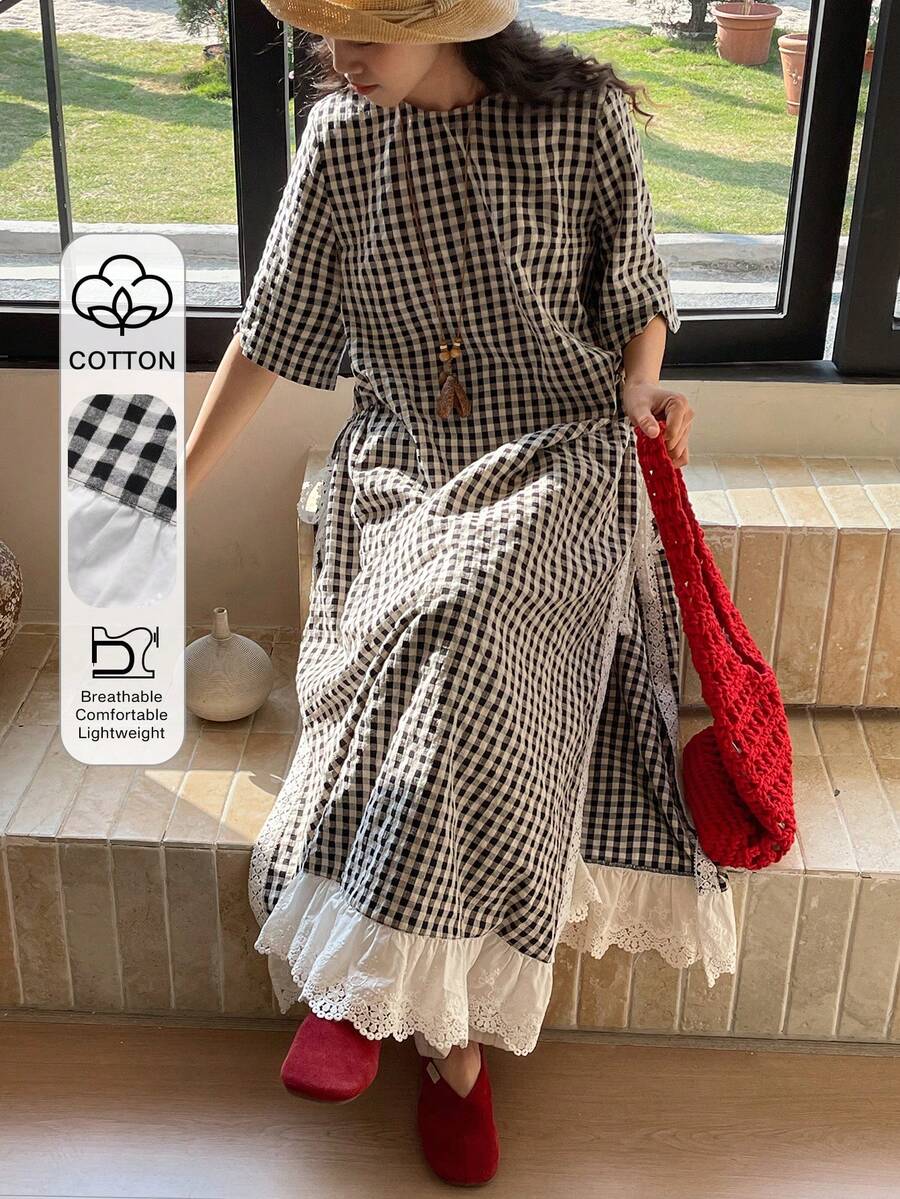 FRIFUL Women's Plaid Black & White Patchwork Sheer Lace Trim Pleated Loose Casual Dress - Black and White - View 1