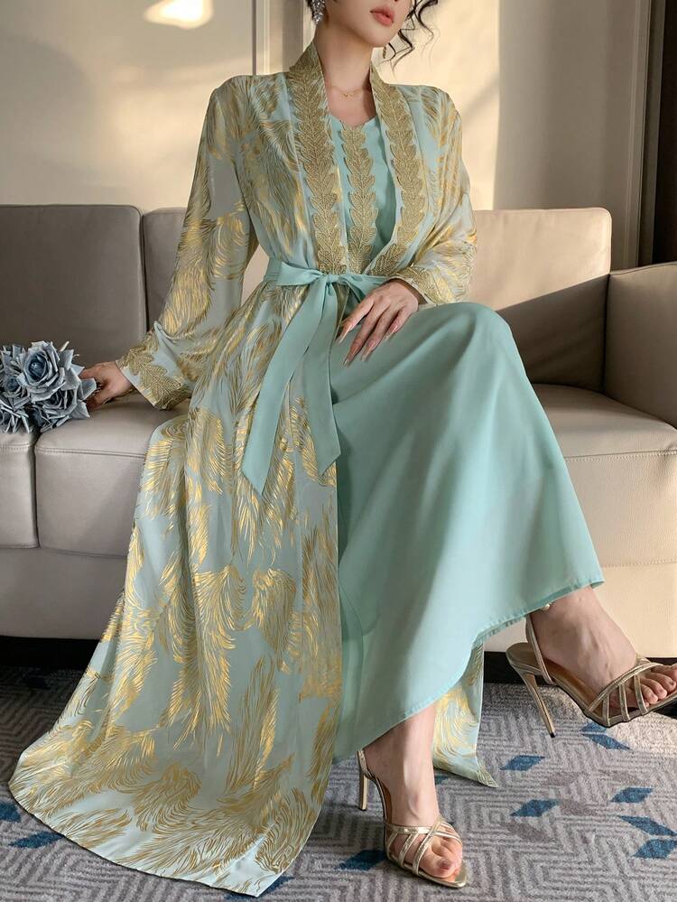 2pcs/Set Women's Bohemian Style Dress And Long Cover Up, Elegant Vacation Outfit