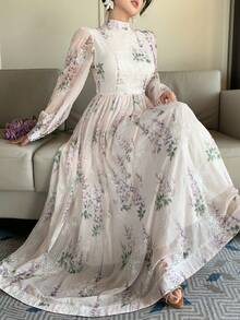 DAZY Women's Textured Fabric Printed Loose Dress With Stand Collar, Vacation Style - Pink - View 1