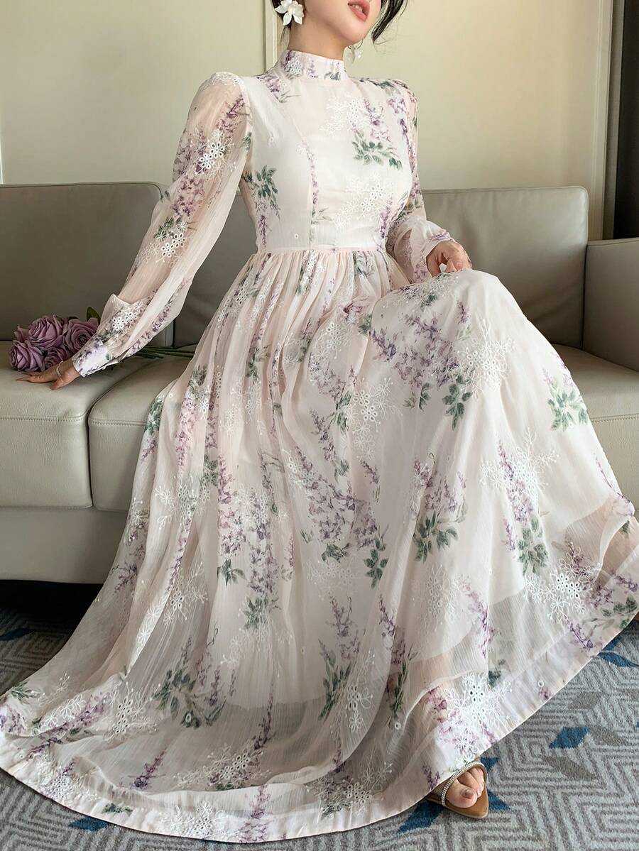 DAZY Women's Textured Fabric Printed Loose Dress With Stand Collar, Vacation Style - Pink - View 1