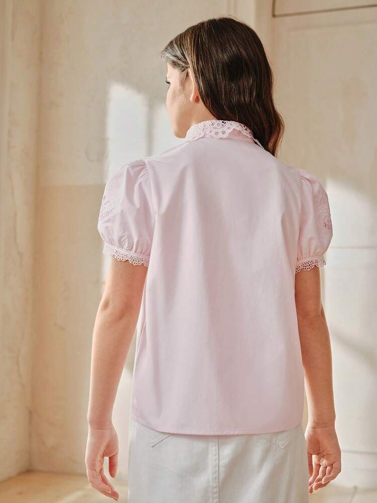 Spring New Pink Blouse For Girls, Petal Sleeve Embroidery Design, Fashionable Mid-Large Child Top Shirt For Summer