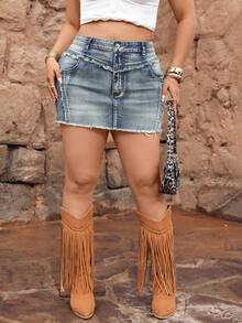 Jeanoix Fustă mini din denim cu tiv spălat și uzat, mărime plus Y2K - Spălare medie - Vizualizare 4