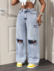 BamGleam Quần jeans ống rộng nữ có túi và cúc, kiểu dáng rách, thoải mái, đa năng, thích hợp mặc hàng ngày. - Rửa nhẹ - Xem 5