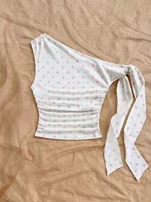 Soleia Women's Polka Dot Tie Knot Ruffle Design One Shoulder Versatile Top, Suitable For Dates And Outings - Pink - View 4
