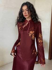 EastFlair Women's Leaf Print Blouse With Slit Design, Fashionable Versatile Long Sleeve Shirt For Daily Wear - Burgundy - View 2