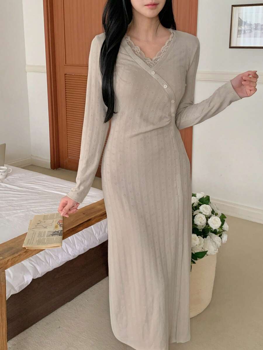DAZY Elegant Jacquard Knit Lace Patchwork Long Dress Loungewear For Women Pajamas - Grey - View 1