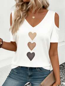 EMERY ROSE Geometric Heart Pattern Minimalist V-Neck Off-Shoulder Short Sleeve T-Shirt - White - View 1