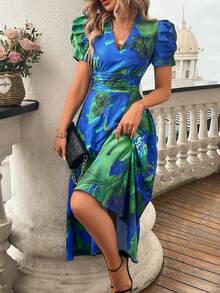 Breezaya 女士夏季V领热带植物印花短泡泡袖长连衣裙套装 - 藍色 - 查看 7