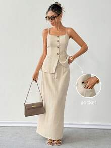 Ritzy Row Women's Linen Camisole And Midi Skirt Set, Fitted Silhouette, Elegant Elegant, Suitable For Street Style, Commuting, Outing, And Dating In Spring And Summer - Khaki - View 1