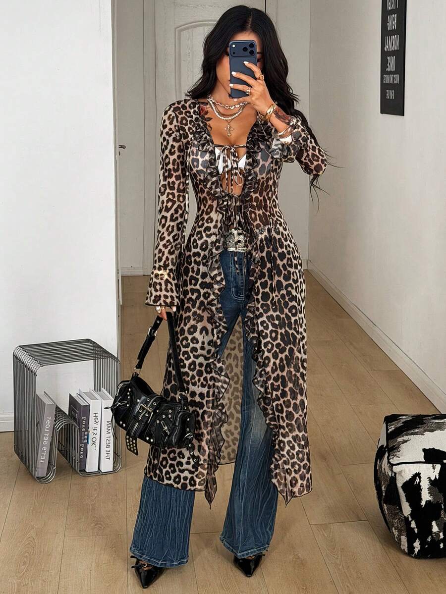 Coolane Women's Fall/All-Season Rave Renaissance Fair Hippie Music Festival Gyaru Mesh Straps Ruffle Ribbon Long Coat /Cover Up - Apricot - View 1