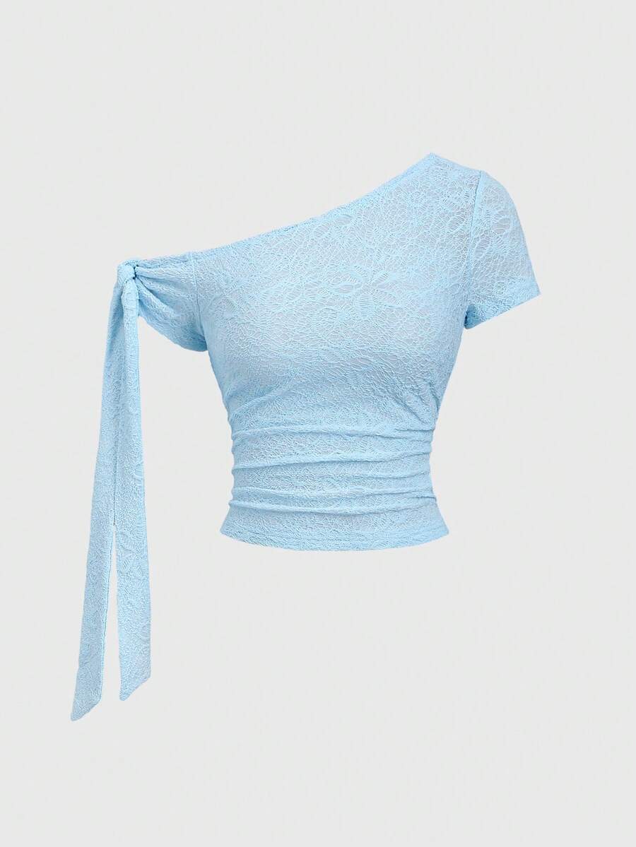 Sweetra Women's Summer Blue Embroidered Asymmetric Neck Tie Strap Fitted T-Shirt - Blue - View 1