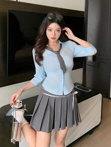 K-Vae 极简性感学院风刺绣褶皱迷你裙修身腰部套装 - 藍色 - 查看 7