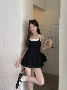 DAZY Camiseta de tirantes de mujer con encaje y contraste de color a cuadros para el verano - Negro - Ver 3