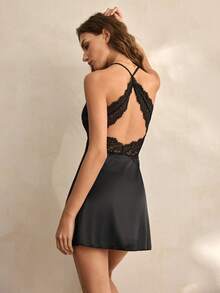 Charlaine Black Lace & Satin Patchwork Backless Criss-Cross Deep V Romantic French Style Elegant Sophisticated Women's Nightgown - Black - View 1