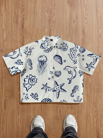 Manfinity Joysei Camisa de manga corta de estilo casual y vacacional con estampado de estrella de mar, concha marina y delfín para hombre