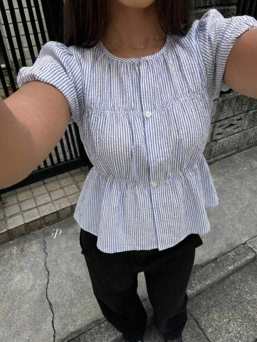 Aloruh 女士条纹褶皱休闲百搭日常衬衫，蓝白条纹衬衫，适合复活节、狂欢节、商务、办公、外出、教师等场合，优雅大方。