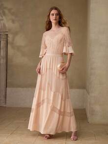 MOTF PREMIUM WOMEN'S ROMANTIC ELEGANT LACE PATCHWORK A-LINE RUFFLE SLEEVE DRESS - Beige - View 4