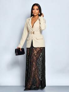 SOLERSUN 女士时尚商务休闲金属腰带西装外套和蕾丝裙（随机花卉图案） - 杏色 - 查看 8