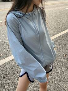 DAZY 少女字母印花插肩袖拉链连帽衫 - 藍色 - 查看 7