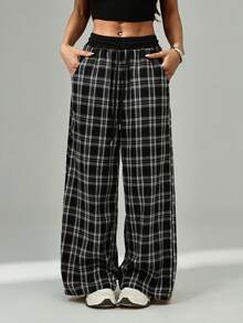 SHEIN PETITE Women's Casual Loose Checked Wide Leg Pants - Black and White - View 7