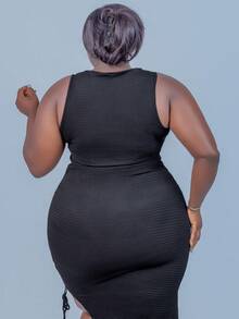 CurvyTilda Plus Size Women Casual Black Ruched Side Slit Dress, Shirring, Wedding Guest Dress Women, Vacation Outfits Woman, Beach Outfits For Woman, Sundress, Festival, Birthday Dresses For Women, For Hourglass Body Shape, For Summer - Black - View 6
