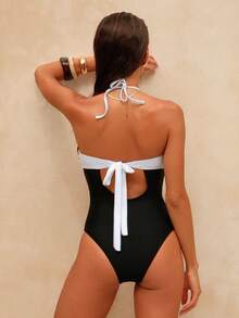 Swim Chiccia Đồ bơi hở lưng không tay, hở lưng, cạp cao, họa tiết chắp vá gợi cảm, thanh lịch dành cho nữ, thích hợp cho kỳ nghỉ ở bãi biển, mùa xuân/hè - Đen và trắng - Xem 2