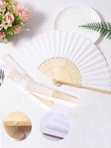 10pcs/25pcs White Folding Fan Bag Set, White With Transparent Bag Folding Fan, White Hand Fan, Transparent Bag, Bamboo Handheld Folding Fan - Multicolor - View 2