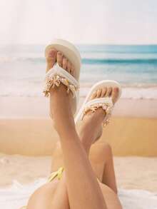 Swim Mod Women EVA Platform Wedge Slip-On Sandals, Bohemian Style Shell Chain Decor Beach Holiday Flip Flops, Spring/Summer - Beige - View 4