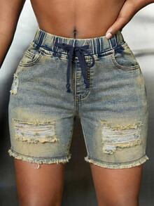 SHEIN SXY 夏季休闲水洗做旧修身牛仔短裤 - 藍色 - 查看 5