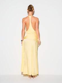 KIZN 女士缎面深V领露背侧开衩长款连衣裙，优雅晚宴婚礼宾客正式派对鸡尾酒会礼服 - 黃色 - 查看 2