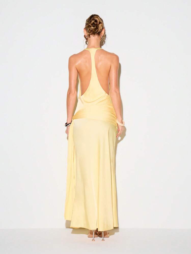 KIZN Vestido largo de satén con escote en pico y espalda de tirantes anchos, con abertura lateral, elegante para eventos de noche, bodas, invitados, fiestas formales y cócteles