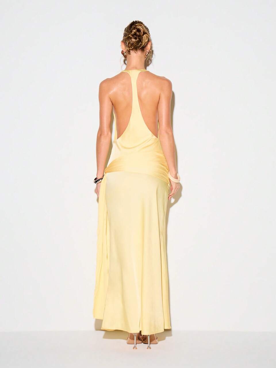 Women's Satin Plunge Neck Racerback Maxi Dress With Side Slit Elegant Evening Wedding Guest Formal Party Cocktail Long Dress