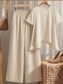Miaspire Elegant Beige Asymmetrical Two-Piece Set For Women Summer Spring Formal Outfit With Short Sleeve Blouse And Wide Leg Pants, Perfect For Wedding Guest Party Formal Events Going Out - Apricot - View 8