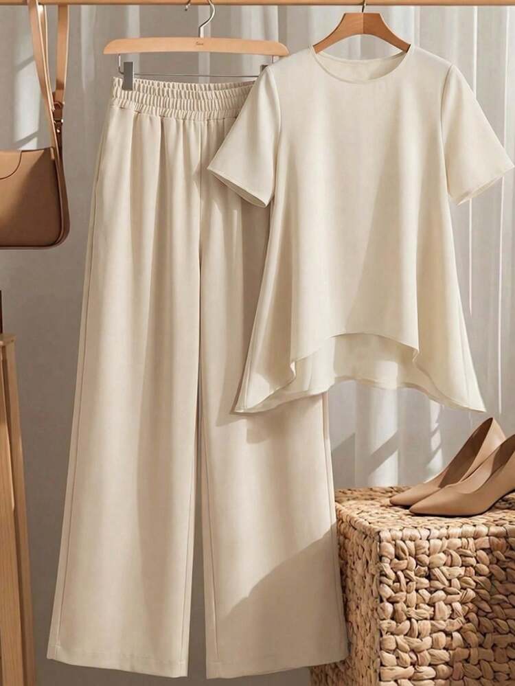 Elegant Beige Asymmetrical Two-Piece Set For Women Summer Spring Formal Outfit With Short Sleeve Blouse And Wide Leg Pants, Perfect For Wedding Guest Party Formal Events Going Out