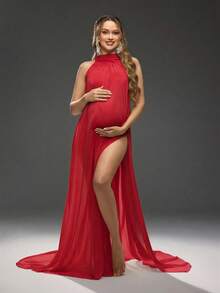 Cheriluna Maternity 孕妇时尚性感高开衩露背吊带连衣裙，适合拍照 - 紅色 - 查看 3